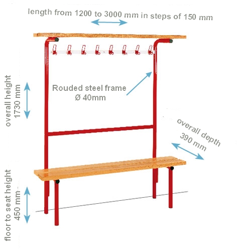 Forum floor bench with shelved hook rail